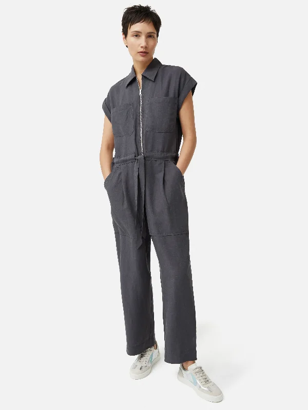 Season Sale Linen Zip Front Jumpsuit | Dark Grey