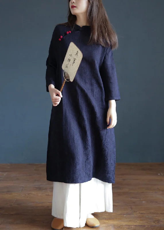 Budget-Friendly Fashion Jacquard Navy Blue Stand Collar Embroideried Floral Button Maxi Dresses Spring
