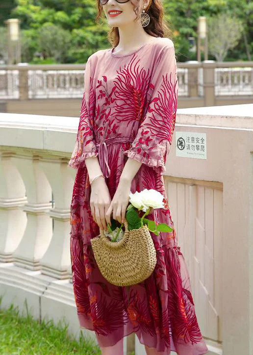 Women's Comfy Attire For Lounging Fashion Red Embroideried Cinched Silk Dresses Bracelet Sleeve