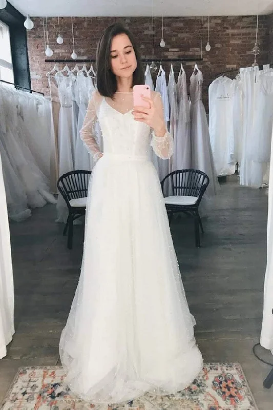 Clothes Of Woman Roycebridal Ivory Tulle A-line Scoop Long Sleeves Beaded Bohemian Wedding Dresses, MW859