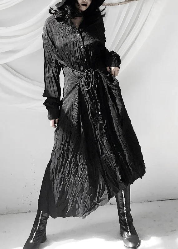 Trendy Outfits At Exclusive Discounts – Don't Miss Out Women Black Wrinkled Button Tie Waist Maxi Shirts Dresses Fall