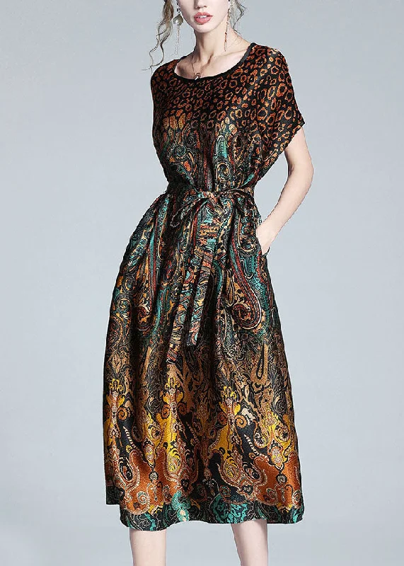 Redefining Women's Fashion Unique Leopard O Neck Tie Waist Patchwork Silk Dress Summer