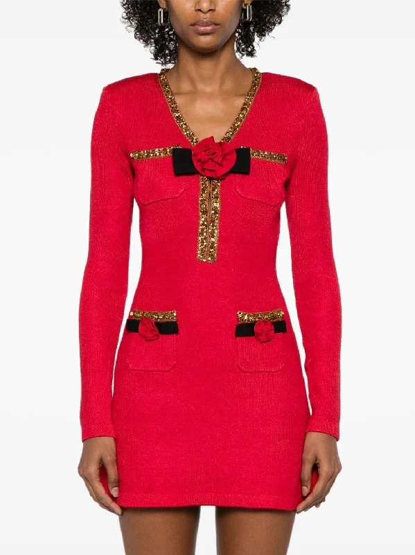 Holiday Gift Guide Sale Red Knit Corsage and Gold Sequin-Embellished Mini Dress