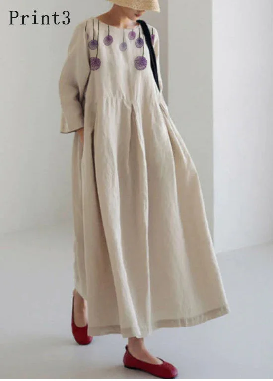 Imeless Style Apricot-Print3 Cotton Dresses Pockets Patchwork Spring
