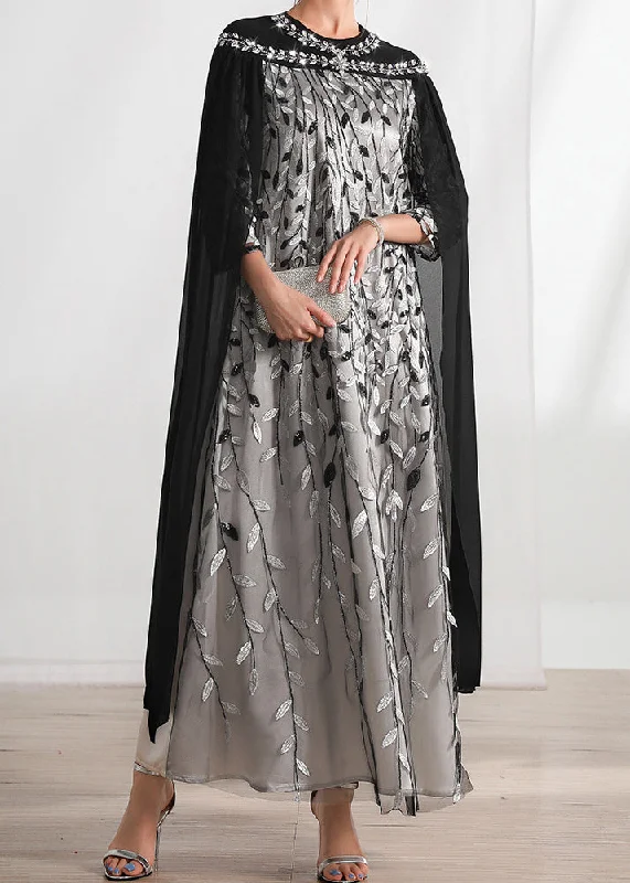 Clothing Woman Organic Black White Patchwork Nail Bead Sequins Leaf Tulle Robe Dresses