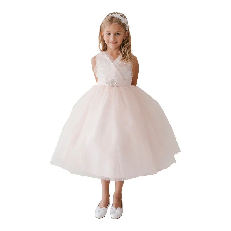 Sophisticated Women’s Fashion Little Girls Blush Glitter Tulle V-Neck Rhinestone Brooch Flower Girl Dress 2-6