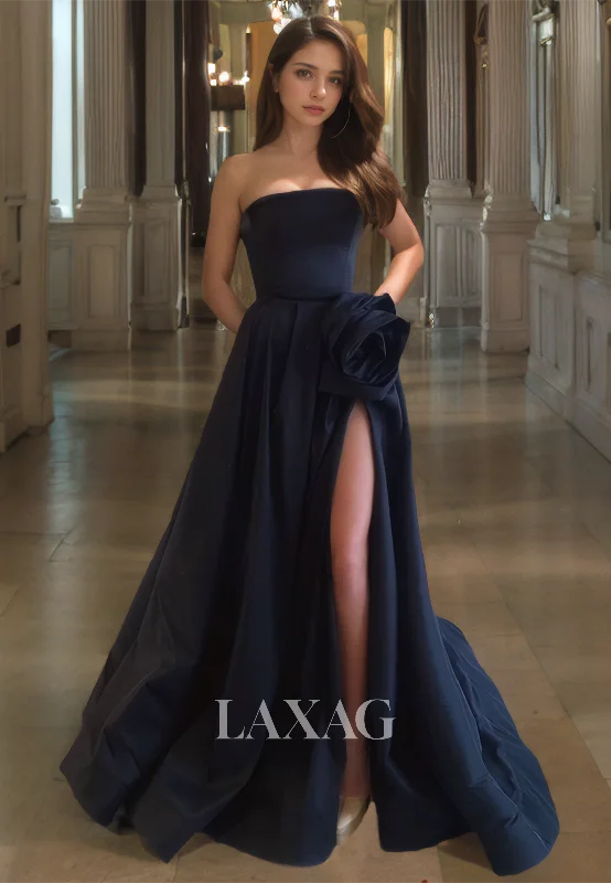 Woman Clothing Tube Top Sleeveless Pleated A-Line Prom Dress Floral Embellished Satin Formal Gowns with Slit