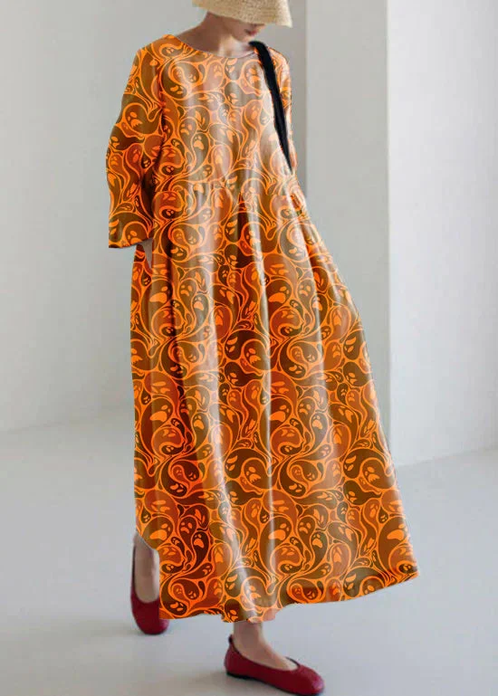Fashion Essentials Orange Cotton Dresses Pockets Patchwork Spring