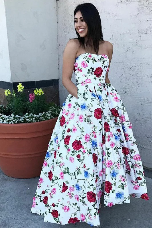 Quality Wear A Line Strapless High Low Printed Prom Dresses with Pockets Floral Party Dresses N973