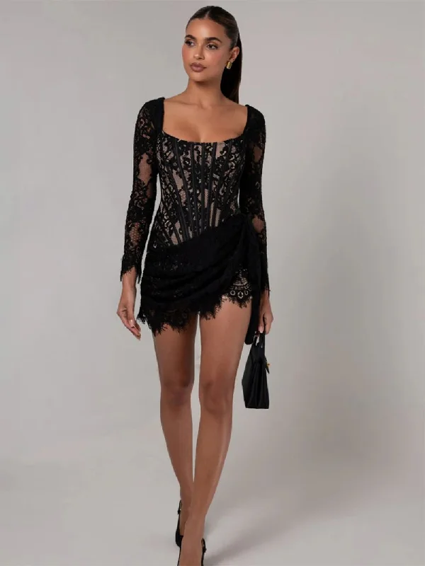 Insane Discount Onslaught Square Collar Long Sleeve Lace Mini Dress KLYF1367