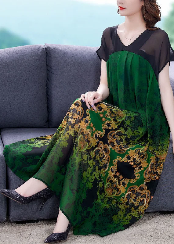 Your Chance To Save Big This Weekend Plus Size Green V Neck Patchwork Print Chiffon Dresses Short Sleeve