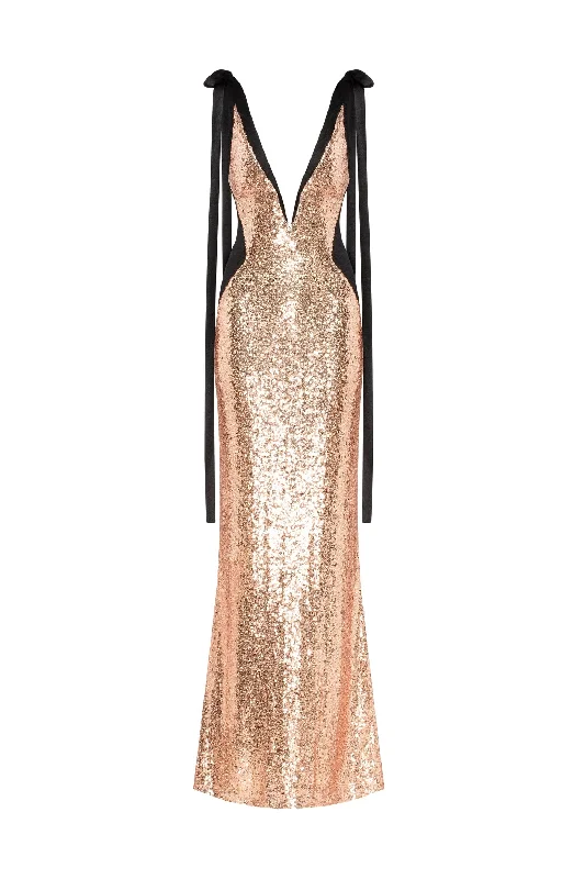 Casual Wear Bizzare fully sequined tie-straps gold maxi dress, Smoky Quartz