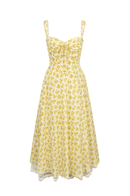 Hot Trends Straps Yellow Floral Print Summer Dress with Lace