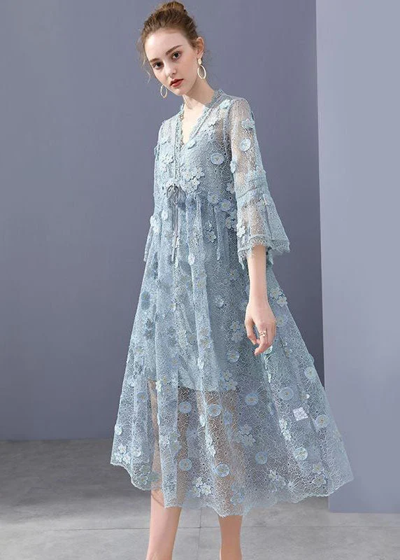 Innovate Your Wardrobe Simple Blue Embroideried Floral Hollow Out Lace Dress Flare Sleeve