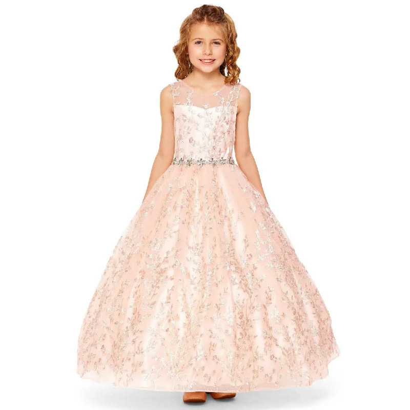 Dive Into Trendy Styles Little Girls Rose Gold Glitter Embroidered Rhinestone Belt Ball Gown 2-6