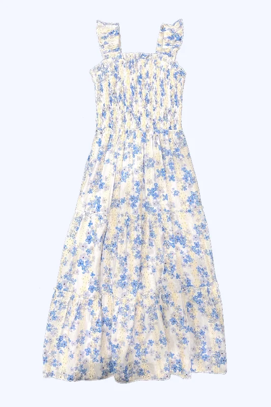 Imeless Style Blue Floral Eyelet Smocked Bodice Maxi Dress
