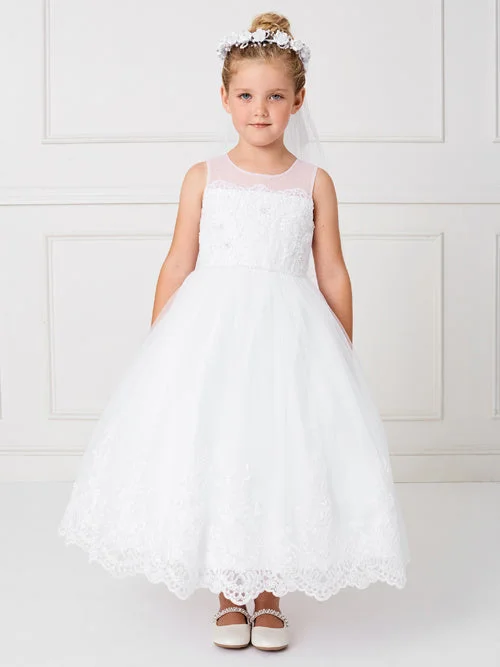 Earthy Tones White lace illusion communion dress