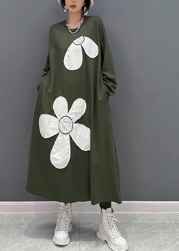 Wardrobe Refresh Fashion Green O-Neck Floral Maxi Dresses Spring
