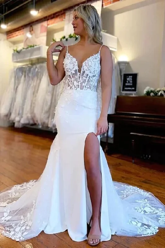 Women Clothes Roycebridal Satin Mermaid Lace Appliques Wedding Dresses With Slit, Bridal Gowns, MW862