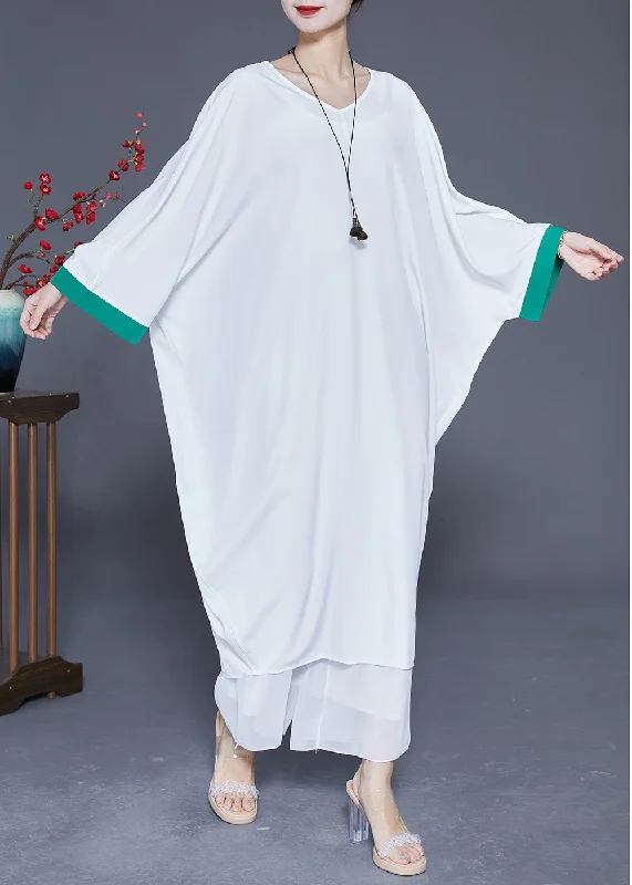 Limited-Time Discounts On Stylish Women's Clothing Boho White Oversized Patchwork Silk Dresses Batwing Sleeve