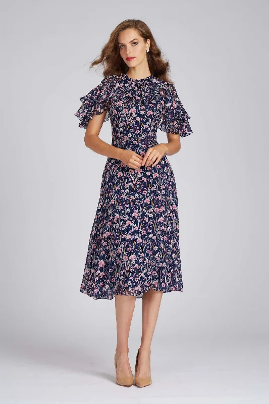 Business Casual Outfits Navy Floral Ruffle Sleeve Chiffon Dress