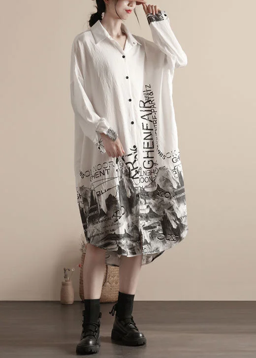 Fashion-Forward Styles At Incredible Discounts Women White Peter Pan Collar Print Patchwork Linen Shirts Dresses Spring