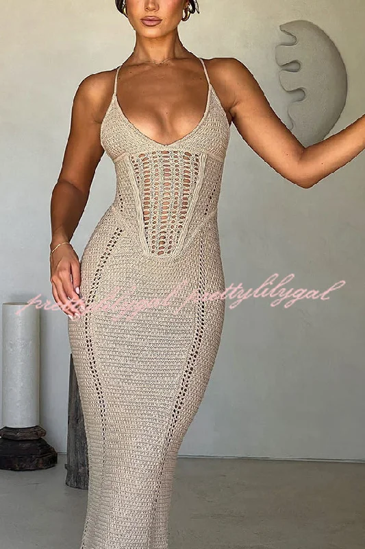 Clothes For Women Warm Weather Favorite Knit Crochet Hollow Out Back Lace-up Stretch Maxi Dress