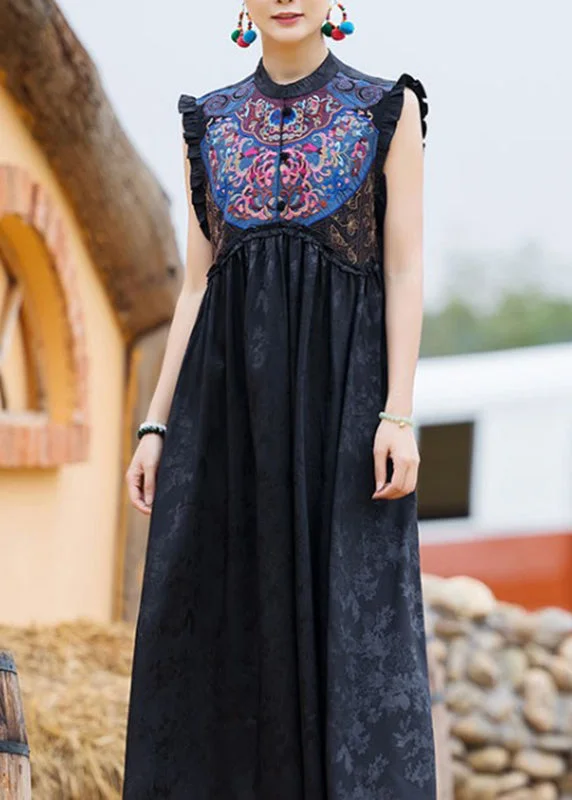Season Sale Classy Black O-Neck Embroideried Floral Wrinkled Button Dress Sleeveless