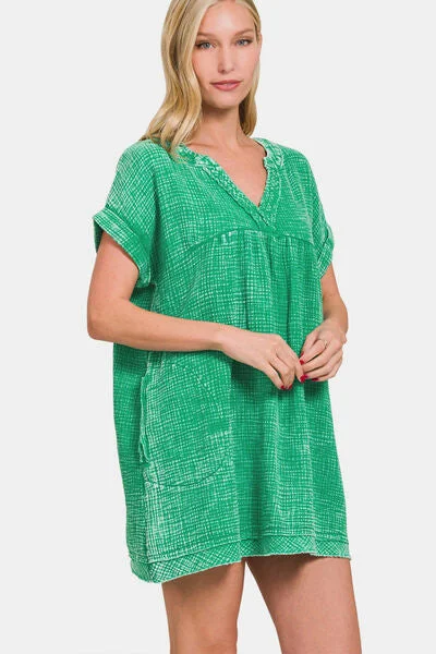 Imeless Style Zenana Washed Notched Short Sleeve Mini Dress