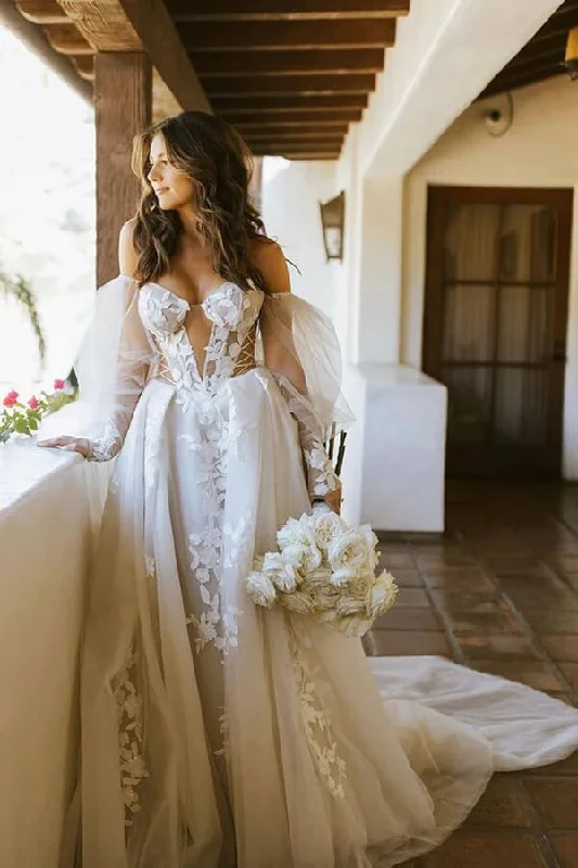 Sales Clothes Roycebridal Long Sleeves Off Shoulder Bohemian Wedding Dress With Lace Appliques, MW825