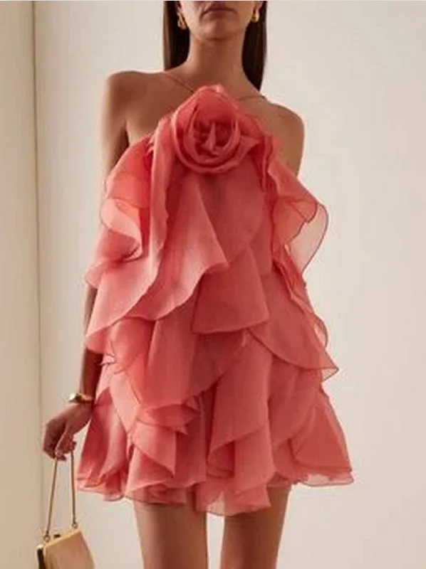 Stylish Looks Layered Chiffon Mini Dress with Rose Applique in Coral