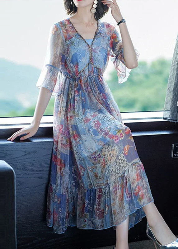 Hot Styles Blue Print Chiffon Vacation Dresses Cinched Exra Large Hem Summer
