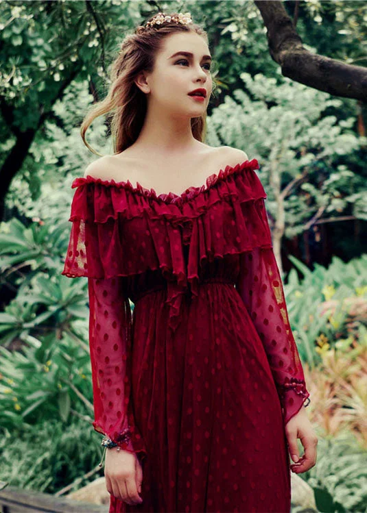 Women's Transitional Attire Modern Mulberry Cold Shoulder Ruffled Tulle Holiday Dress Spring