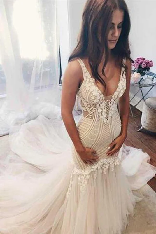 Sophisticated Outfits Roycebridal Gorgeous Ivory Tulle Mermaid V-Neck Lace Sleeveless Wedding Dresses, MW156