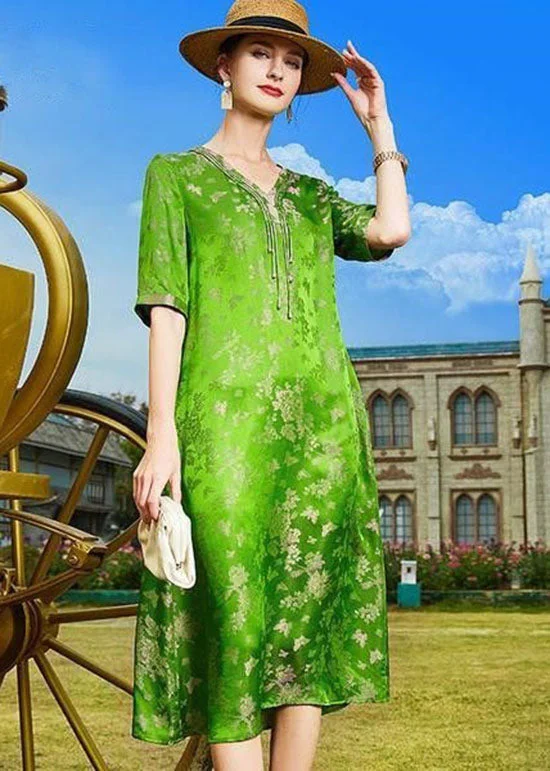 Women's Chic Fashion At Special Promotional Prices DIY Green V Neck Tasseled Print Patchwork Silk Dresses Summer