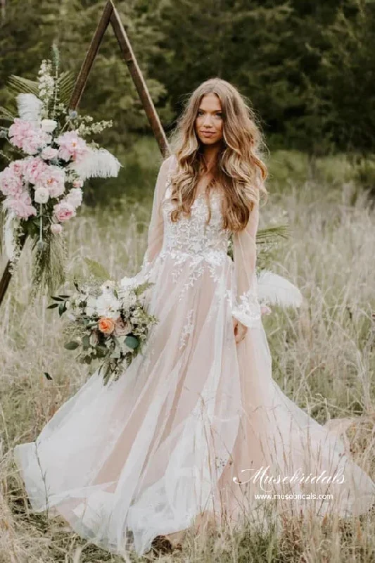 Best Boutiques Online Roycebridal A-line V-neck Long Sleeves Beach Wedding Dresses With Lace Appliques, MW865