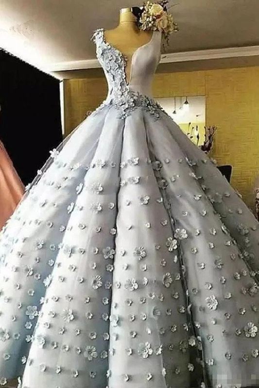 Effortless Chic Apparel Gorgeous Ball Gown Sleeveless Floral Appliques Gray Quinceanera Prom Dresses