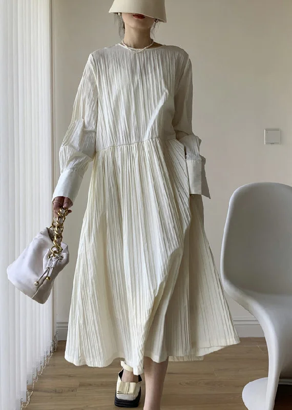Women's Elegant Clothes Simple White O Neck Wrinkled Patchwork Cotton Dress Fall