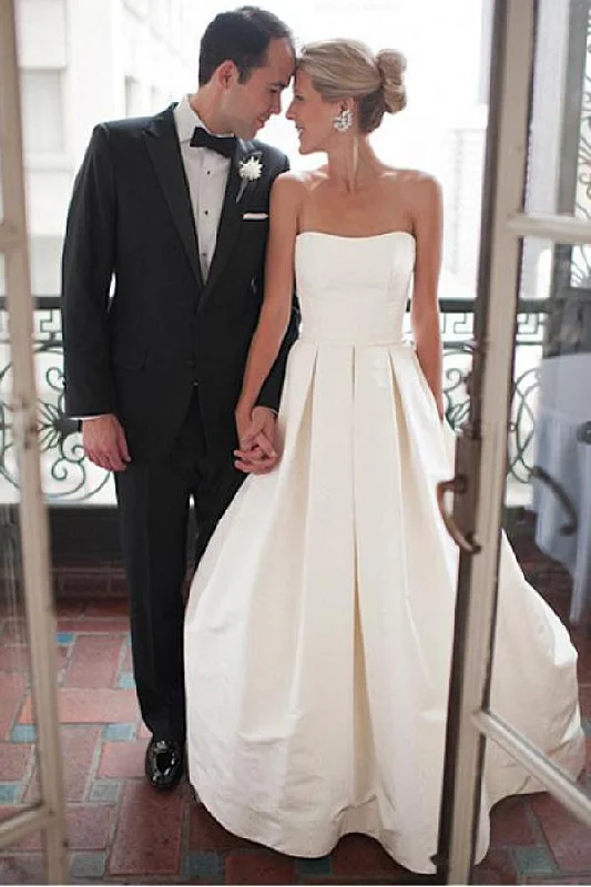 Fashion Essentials Roycebridal Simple Ivory Satin Sweetheart Strapless Wedding Dress With Court Train, MW532