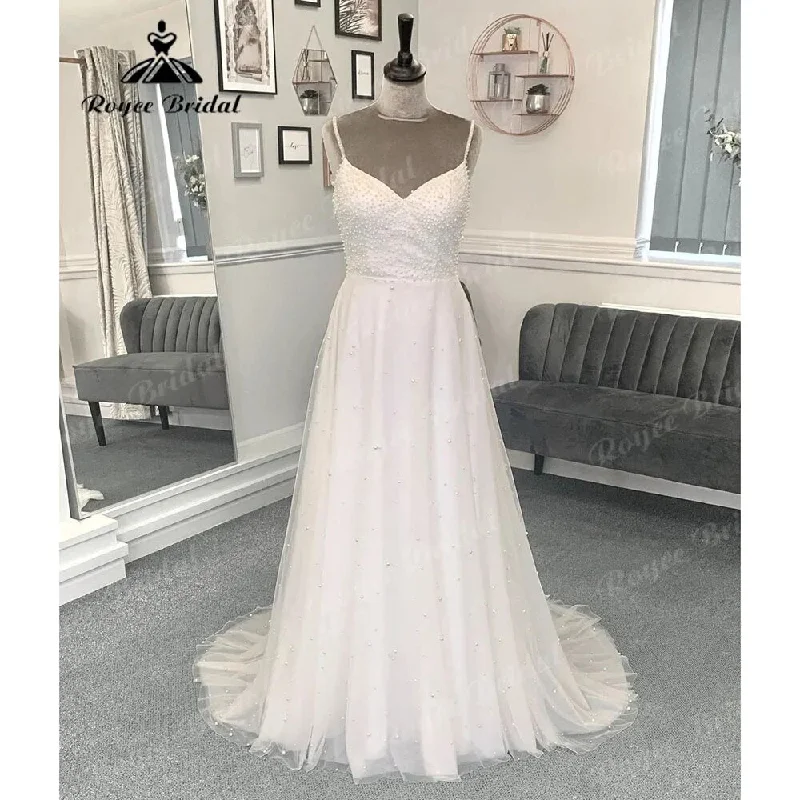 Trendy Street Style Clothing Sexy Spaghetti Straps Backless V Neck Pearls Wedding Dress Women  Robe Mariee Reception Dress for Bride Vestidos de Novia
