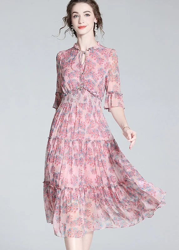 Classic Modern Offers Simple Pink Ruffled Print Patchwork Silk Mid Dress Summer