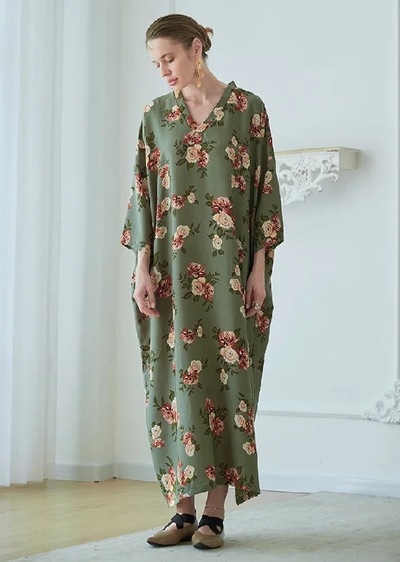 Women's Travel Garments Art Green V Neck Print Pockets Chiffon Robe Dresses Summer