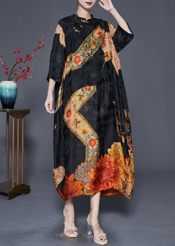 Casual Garments For Women Chinese Style Black Oversized Print Silk Dress Fall