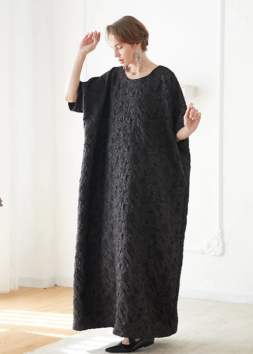 Sustainable Women's Apparel French Black O Neck Jacquard Cotton Robe Vacation Dresses Summer