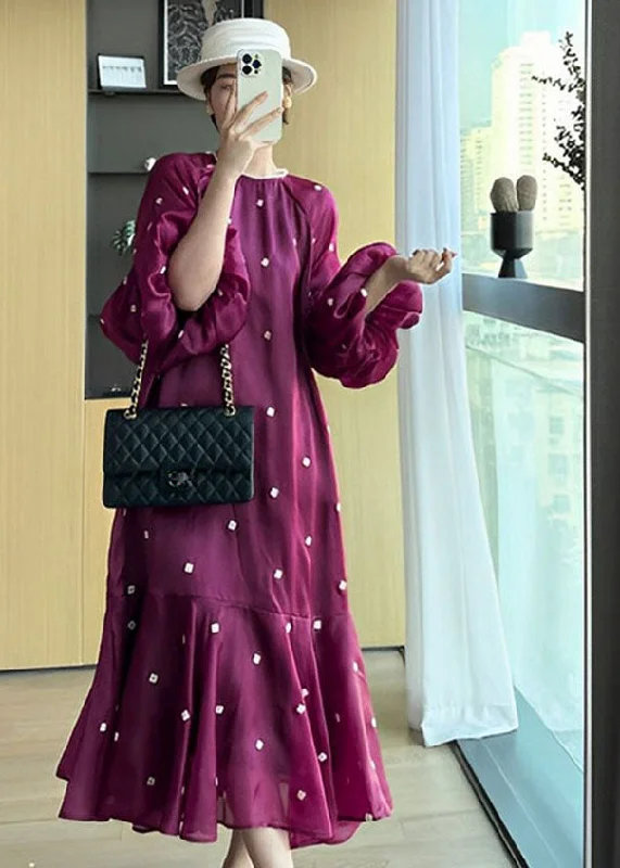 Extreme Clearance Deals Chic Purple O-Neck Floral Ruffled Patchwork Long Dresses Puff Sleeve