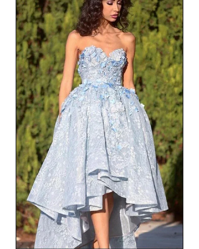 Clothes For Woman Light Blue high Low lace Prom Dress Girls Graduation Party Gown LP0210