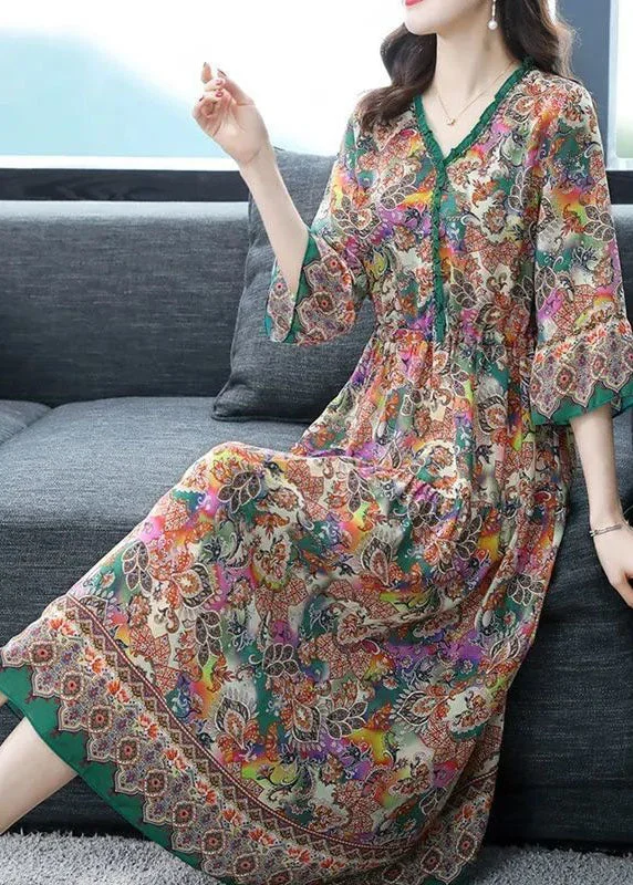 Limited Stock – Weekend Offers Available Now Women Khaki V Neck Ruffled Print Silk Robe Dresses Half Sleeve