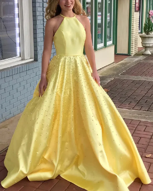 Sale On Clothing Girls Long Graduation Gown Halter yellow Prom Dress with Pearl Yellow/Pink/Blue PL8877