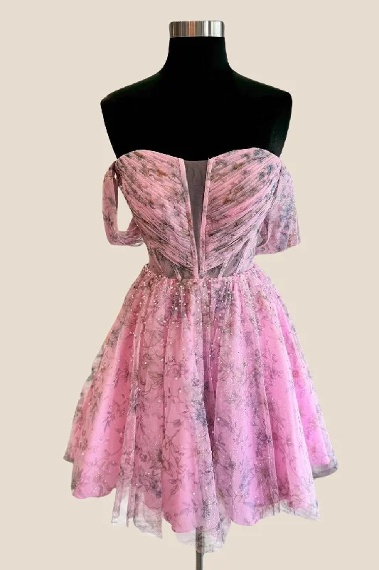 Chic And Comfortable Off the Shoulder Pink Floral Print Short Dress