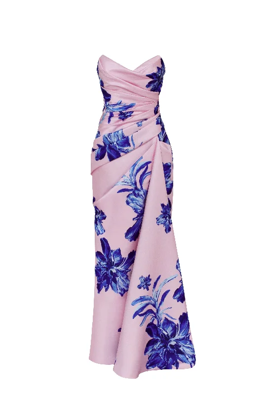 Casual Fashion Strapless pink maxi dress with blue-flowered pattern, Glow-Up